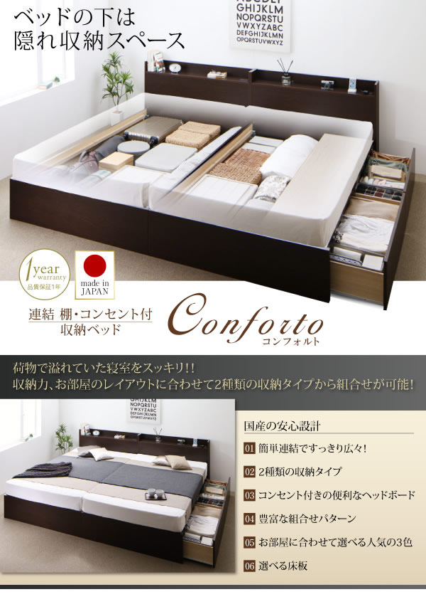 日本製・連結対応すのこも選べる収納ベッド【Conforto】コンフォルトの