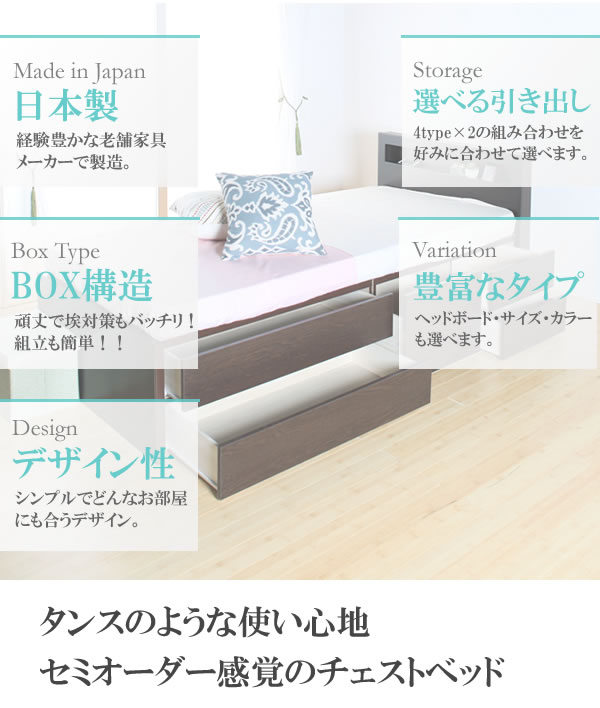 引き出しタイプが選べるチェストベッド【Varier】日本製 おしゃれな棚付きを通販で激安販売